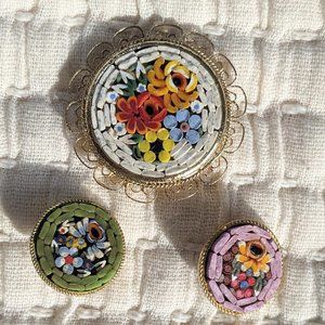 Vintage Florentine Floral Micro Mosaic Pins / Brooches